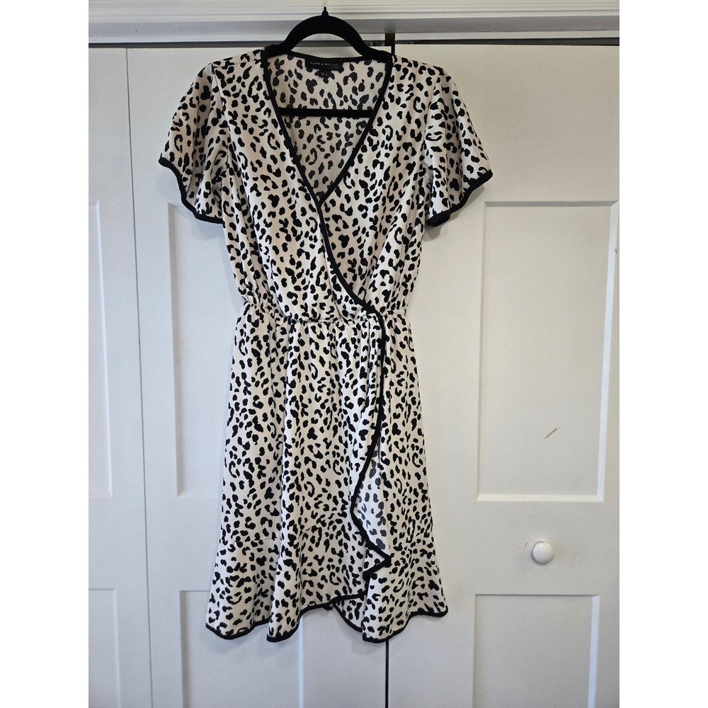Slate & Willow Leopard Print Faux Wrap Mini Dress Black White Small